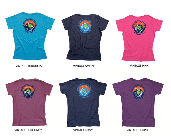 Wrightsville Beach Pickleball Ladies Vintage Casual Cotton Blend T-Shirt - Front Chest AND Back Logo