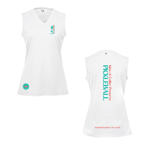 Isles Pickleball Ladies Sleeveless Tank V-Neck Shirt 2025 Logo - White