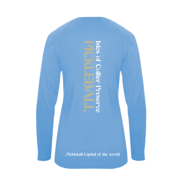 Isles Pickleball Ladies Long Sleeve V-Neck Shirt 2025 Logo - Carolina Blue