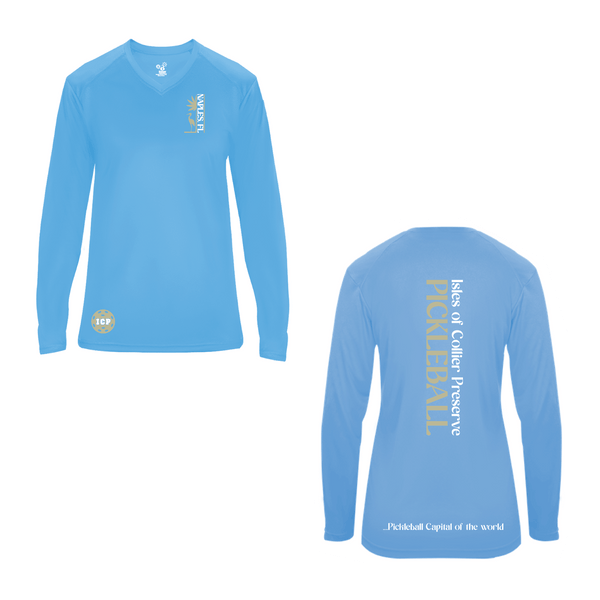 Isles Pickleball Ladies Long Sleeve V-Neck Shirt 2025 Logo - Carolina Blue