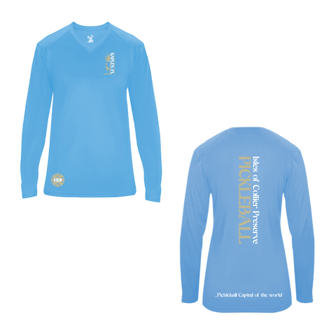 Isles Pickleball Ladies Long Sleeve V-Neck Shirt 2025 Logo - Carolina Blue
