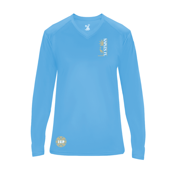 Isles Pickleball Ladies Long Sleeve V-Neck Shirt 2025 Logo - Carolina Blue