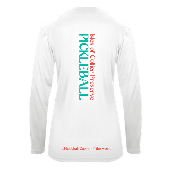 Isles Pickleball Ladies Long Sleeve V-Neck Shirt 2025 Logo - White