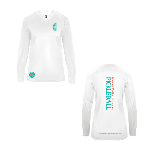Isles Pickleball Ladies Long Sleeve V-Neck Shirt 2025 Logo - White