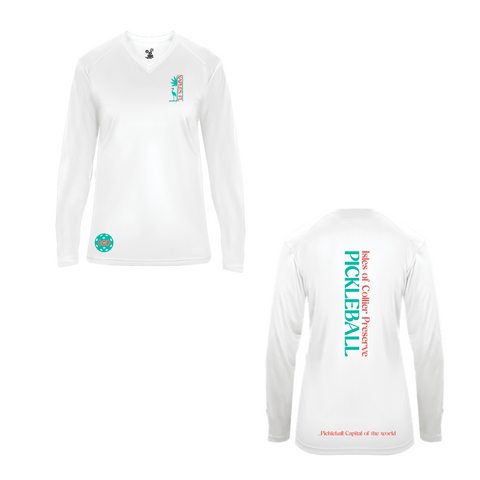 Isles Pickleball Ladies Long Sleeve V-Neck Shirt 2025 Logo - White