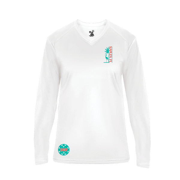 Isles Pickleball Ladies Long Sleeve V-Neck Shirt 2025 Logo - White