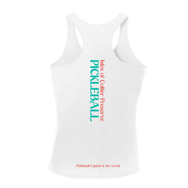 Isles Pickleball Ladies Racerback Shirt 2025 Logo - White