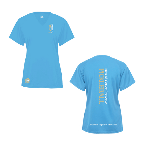 Isles Pickleball Ladies Short Sleeve V-Neck Shirt 2025 Logo - Carolina Blue