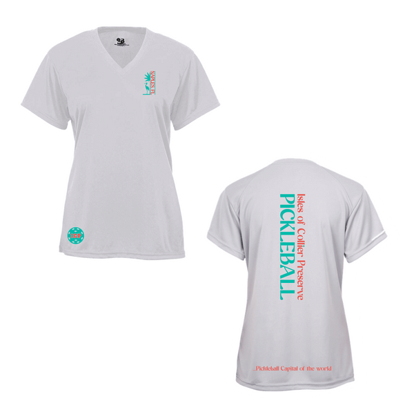Isles Pickleball Ladies Short Sleeve V-Neck Shirt 2025 Logo - Silver