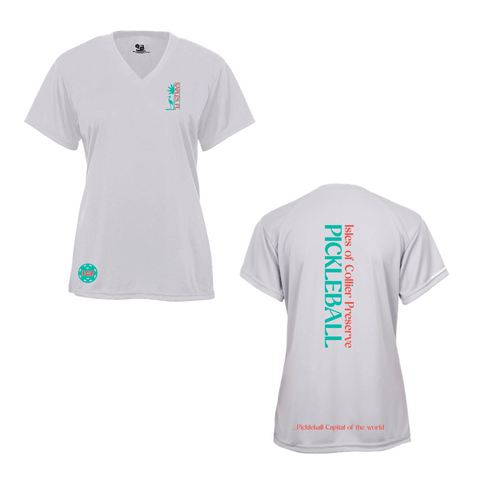 Isles Pickleball Ladies Short Sleeve V-Neck Shirt 2025 Logo - Silver