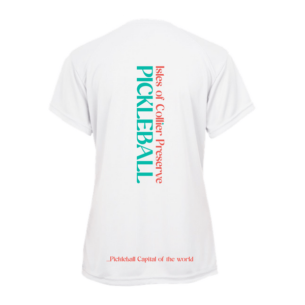 Isles Pickleball Ladies Short Sleeve V-Neck Shirt 2025 Logo - White