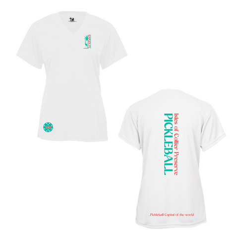 Isles Pickleball Ladies Short Sleeve V-Neck Shirt 2025 Logo - White