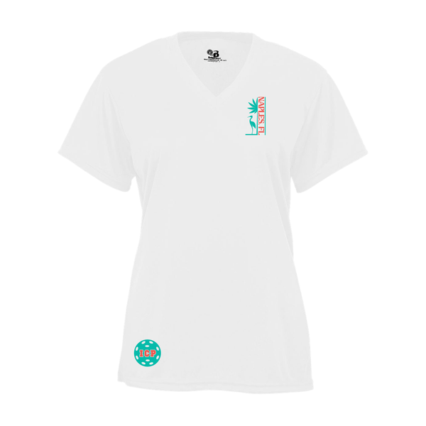 Isles Pickleball Ladies Short Sleeve V-Neck Shirt 2025 Logo - White