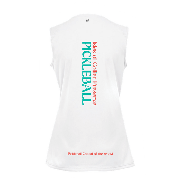 Isles Pickleball Ladies Sleeveless Tank V-Neck Shirt 2025 Logo - White