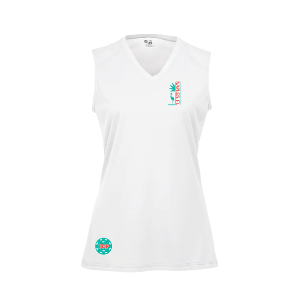 Isles Pickleball Ladies Sleeveless Tank V-Neck Shirt 2025 Logo - White