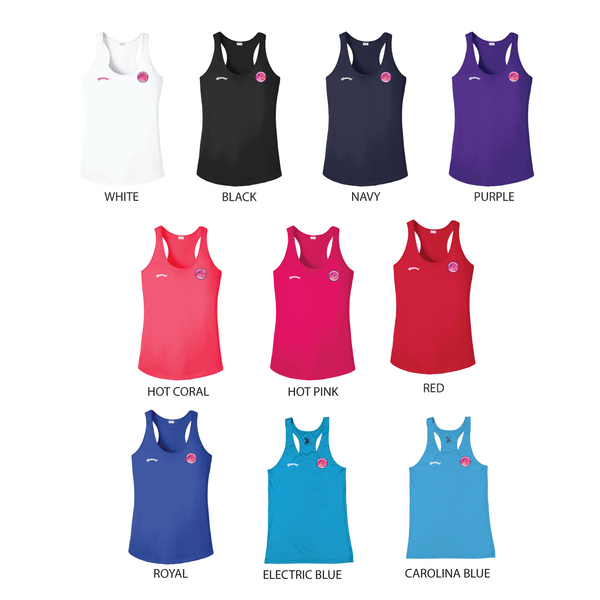PickleballChicks The Villages Ladies Performance Racerback Tank Option 3 - Front AND Back Logo