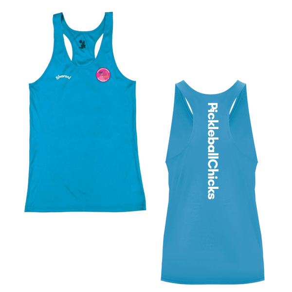 PickleballChicks The Villages Ladies Performance Racerback Tank Option 3 - Front AND Back Logo