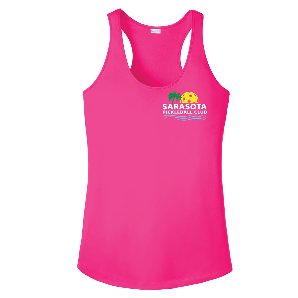 Sarasota Pickleball Club Ladies Performance Racerback Shirt - Design 2. 2021