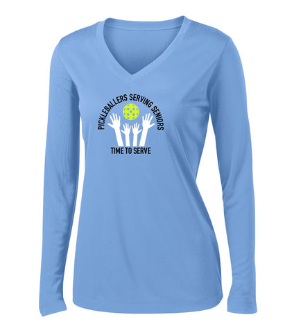Ladies Pickleballers Serving Seniors Performance V-Neck Long Sleeve T-Shirt
